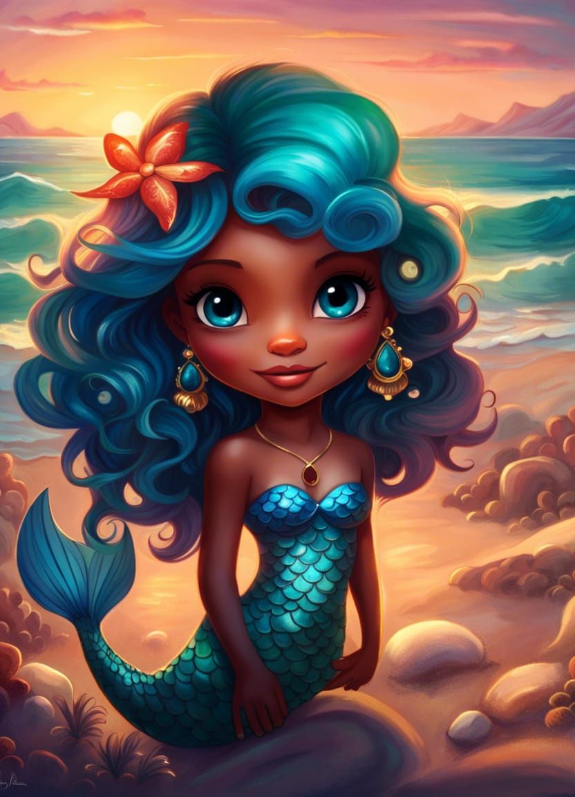 Adorable Mermaid Chibi on Sunset Beach