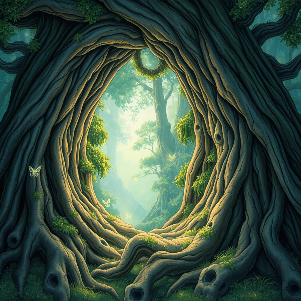 Bioluminescent Jungle Through Ancient Tree Portal