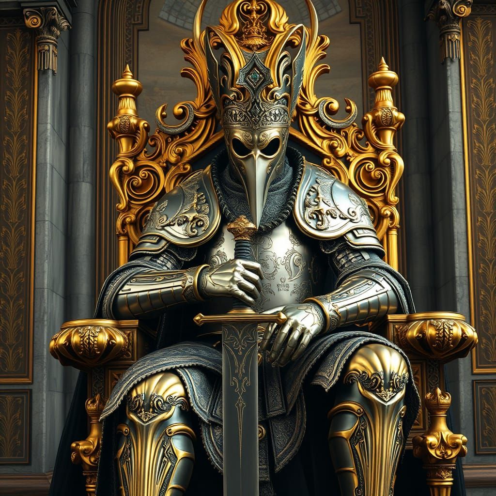 King with Plague Doctor Mask on Golden Throne