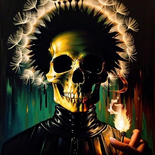 Smoking Skull: Dandelion Spark in Expressionist Oil Painting