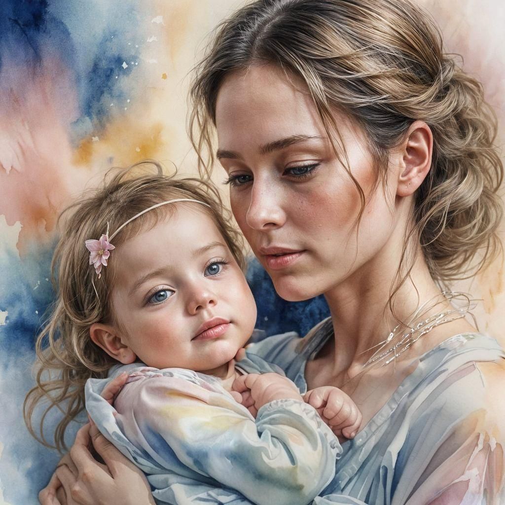 Ethereal Watercolor: Mother and Newborn Baby