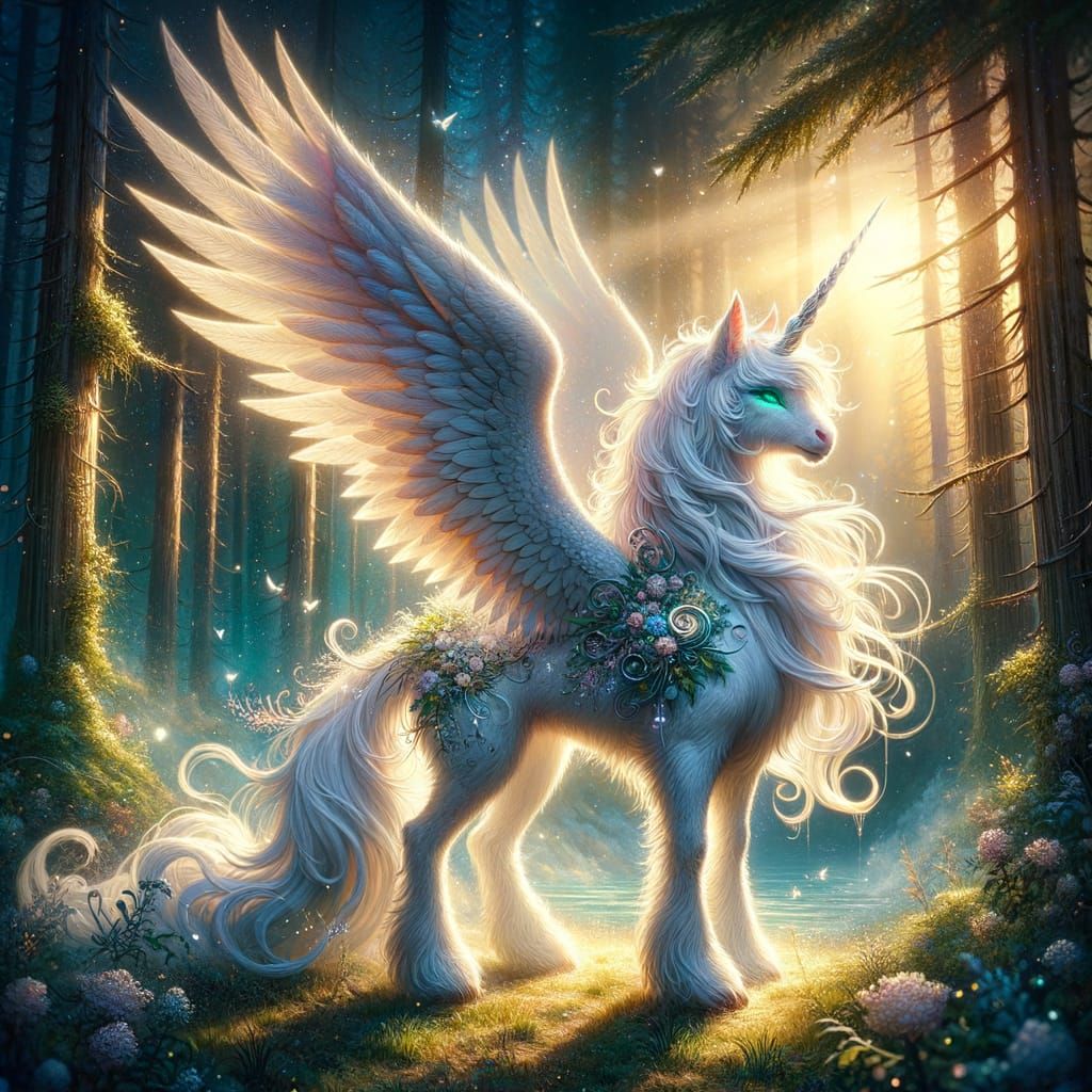 Majestic Winged Unicorn-Cat in Ethereal Forest