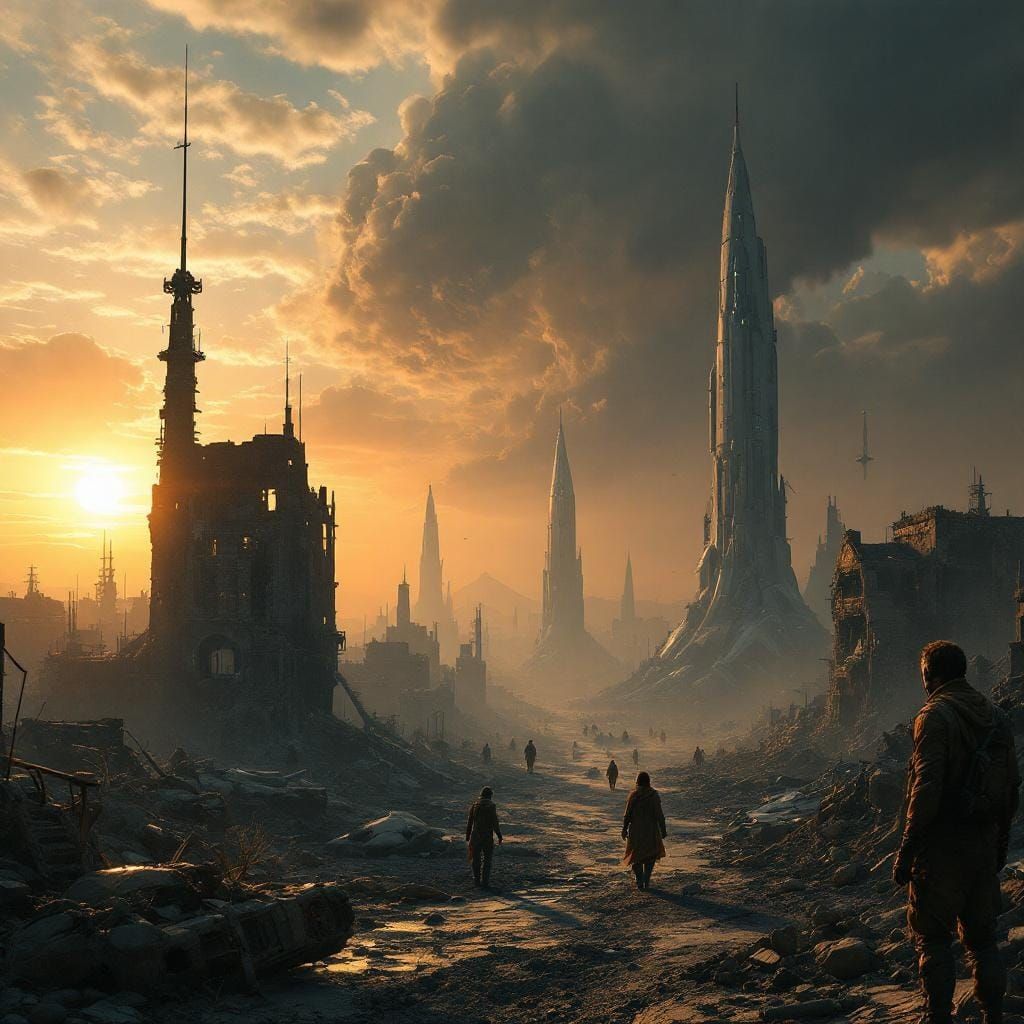 War-Torn Alien City at Dawn: Futuristic Concept Art