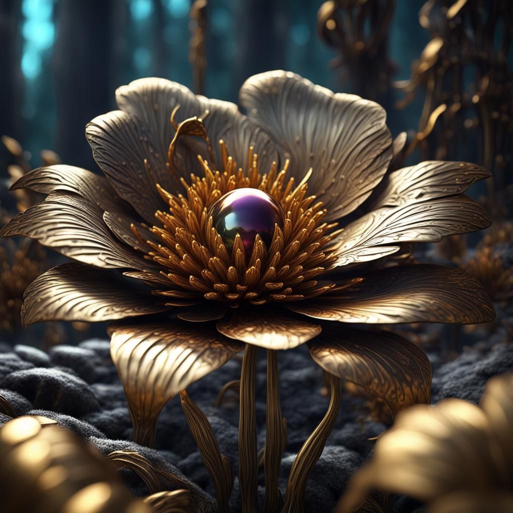 Golden Metal Flowers in a Metal Forest