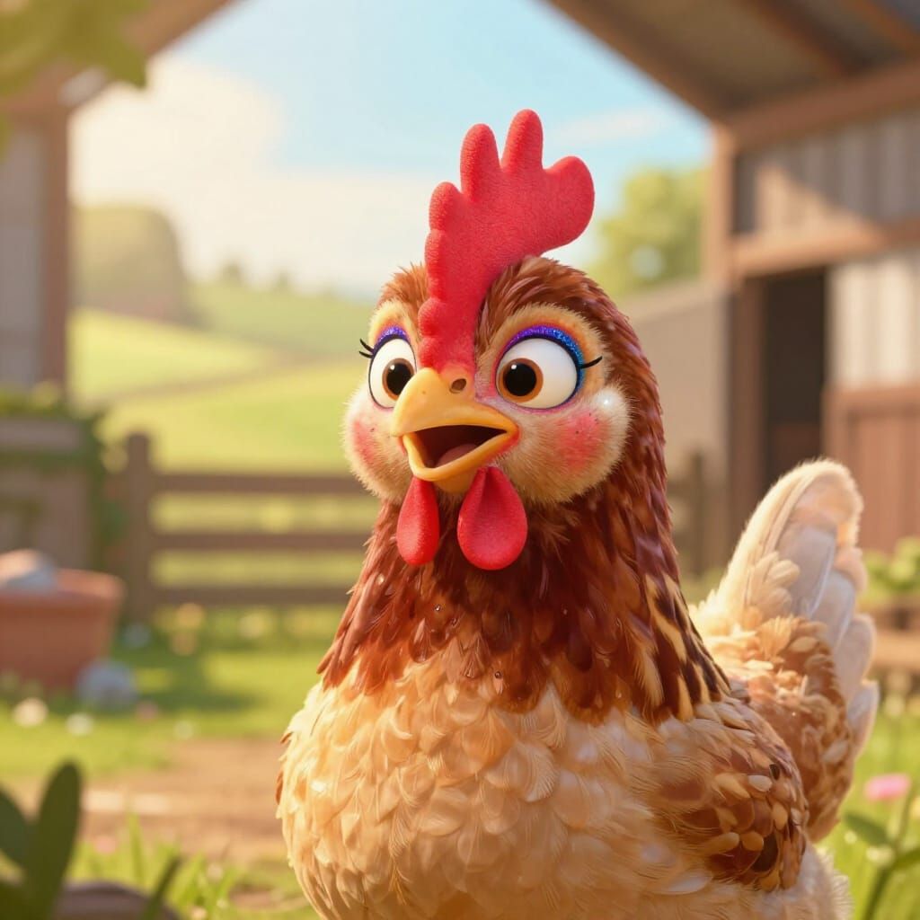 Charming Hen with Playful Makeup in Barnyard