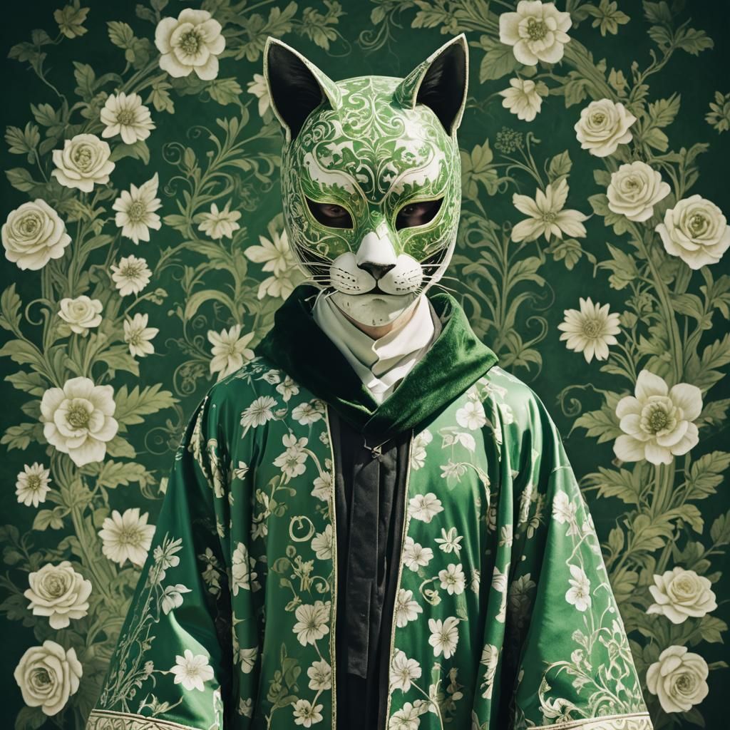 Man in Floral Robes and Venetian Mask