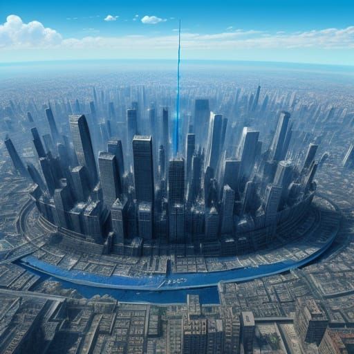 Burning City Under Blue Sky Hyper-Realistic