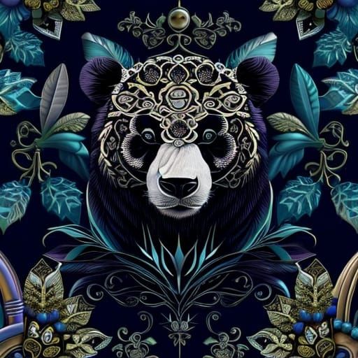 Botanical Steampunk Panda Portrait in William Morris Style