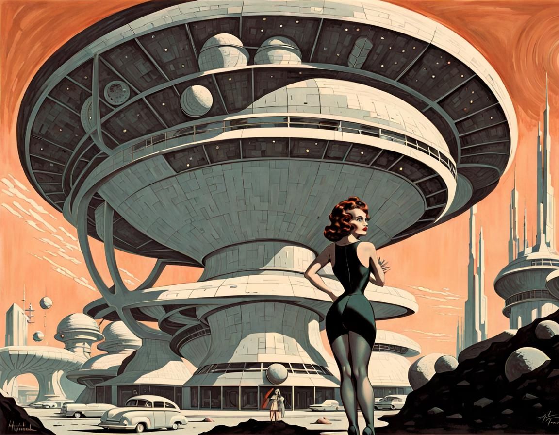 Brutalist Sci-Fi Pinup Girl in Art Nouveau Style