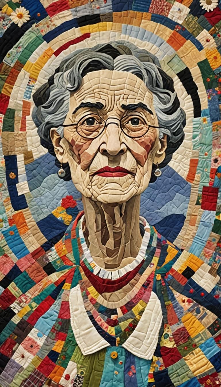 Folk Art Quilt Portrait in Mixed Media