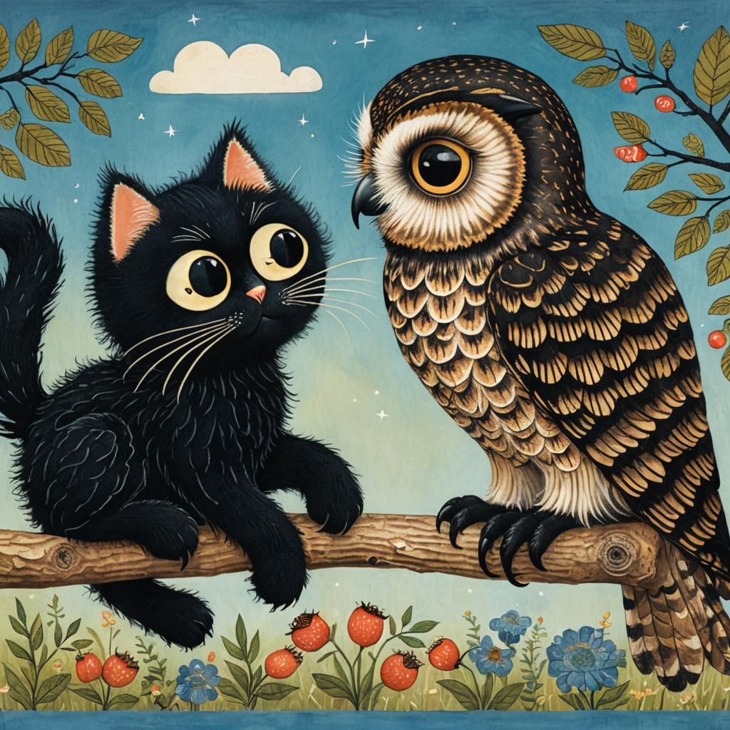 Black Cat Chats With Owl in Storybook Art