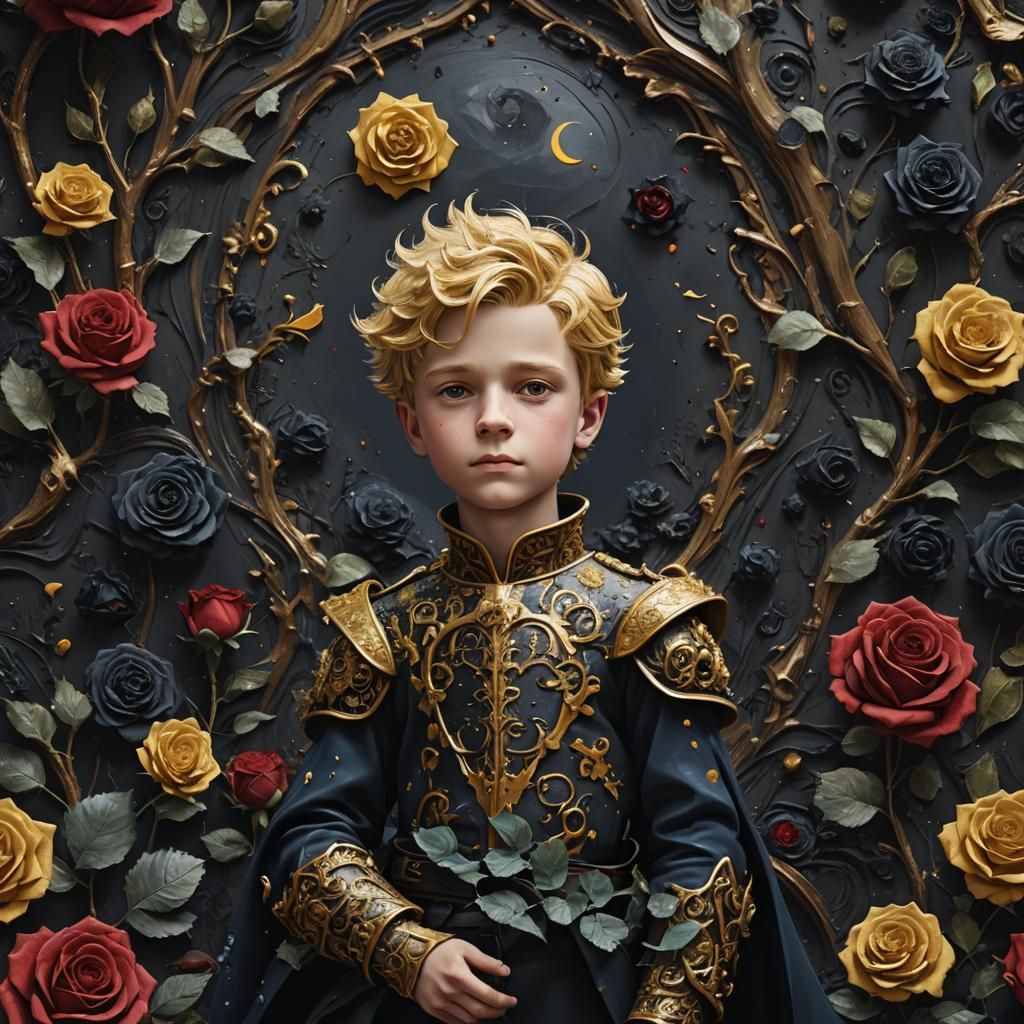 Little Prince on Black Rose as Impasto Painting