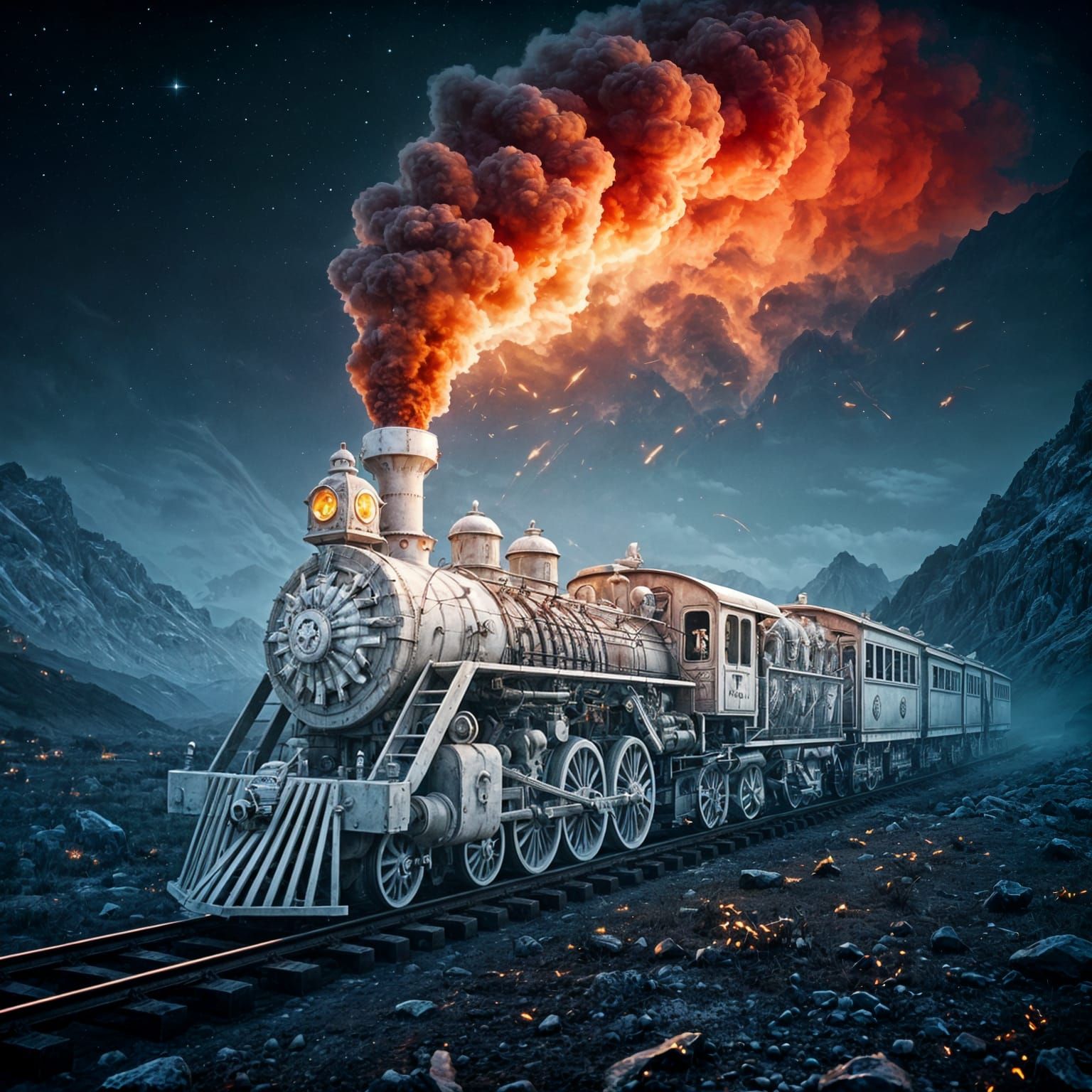 Surreal Ghostly Skeleton Train Rides Through Misty Mountains...