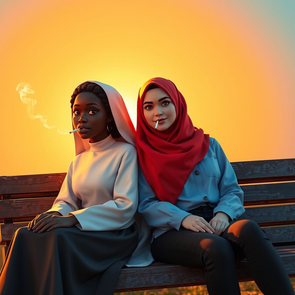 Serenely Smoking Sisters in Golden Light