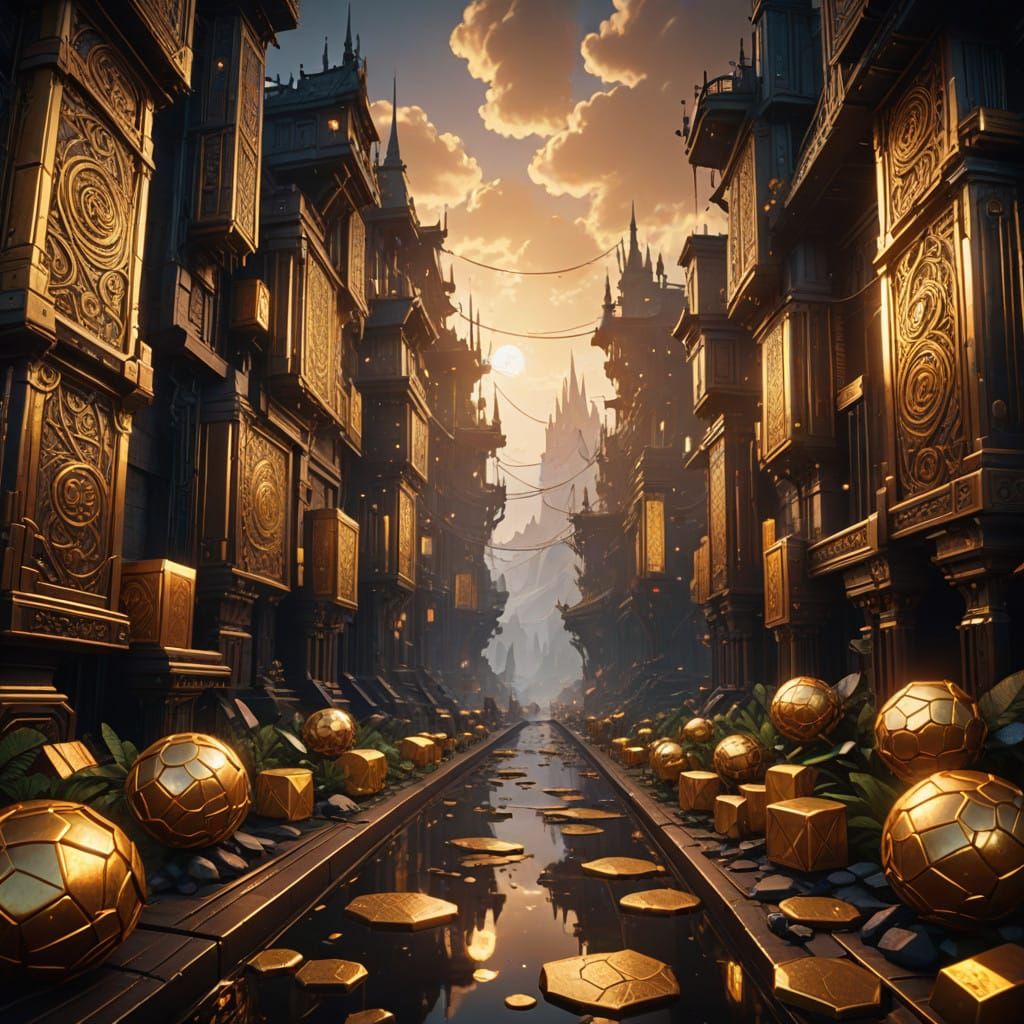Infinite Gold Bar Landscape in Fantasy Concept Art Style