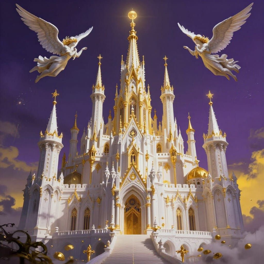 Heavenly White and Golden Castles with Angels in Dynamic Lig...
