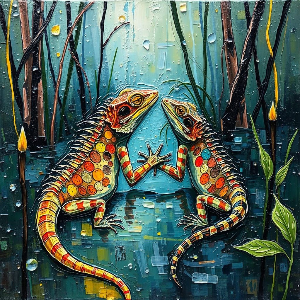 Passionate Lizard Courtship in Vibrant Swamp Landscape