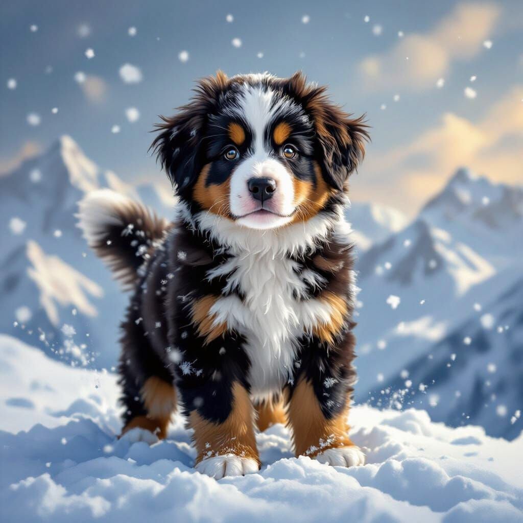 Fluffy Bernese Mountain Dog Puppy in Blizzard Oil Painting