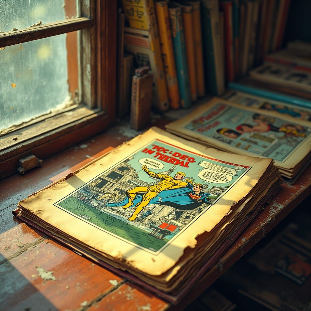 Vintage Comic Book in Dusty Store, Retro Art Style