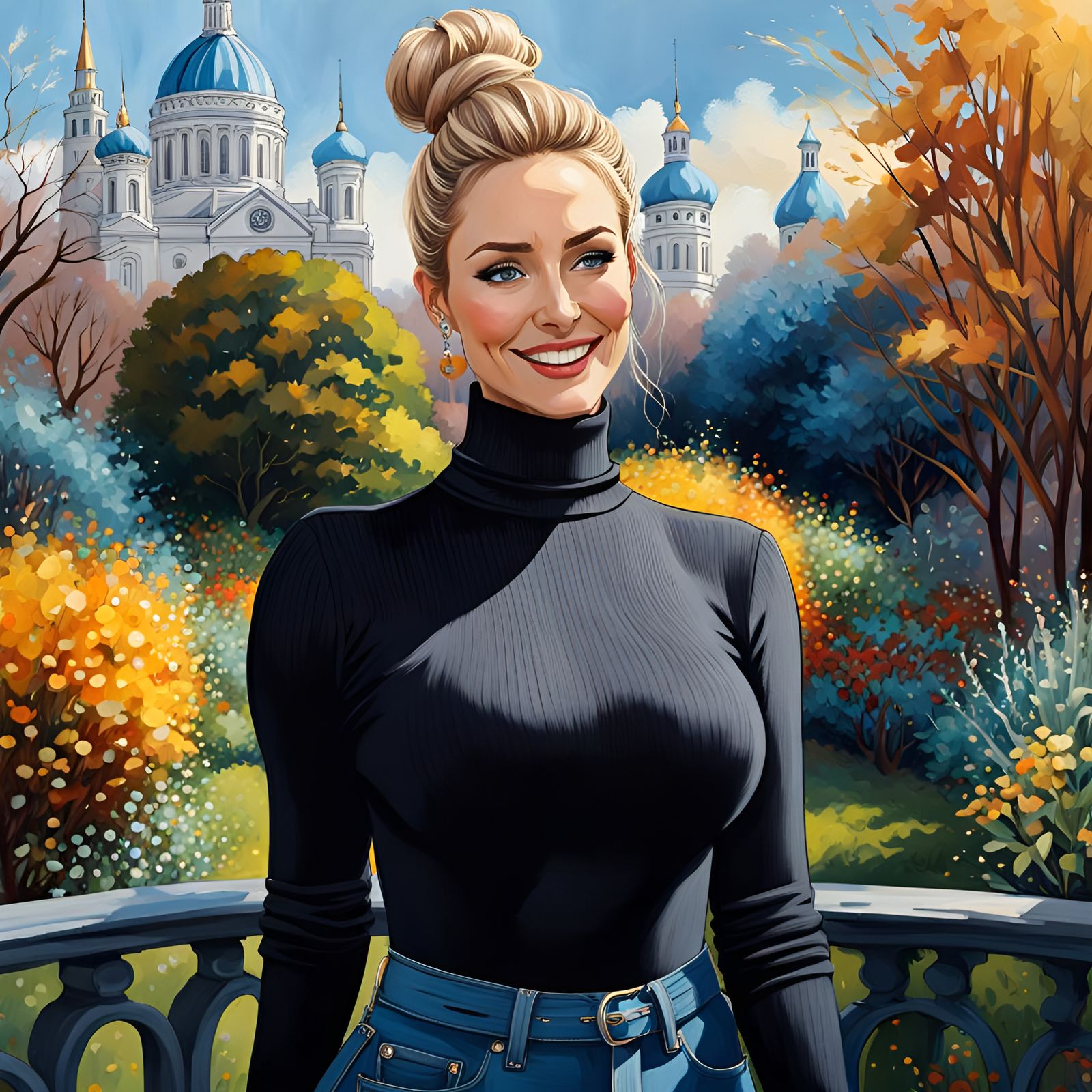 Curvy Woman in Mystic Garden with City View