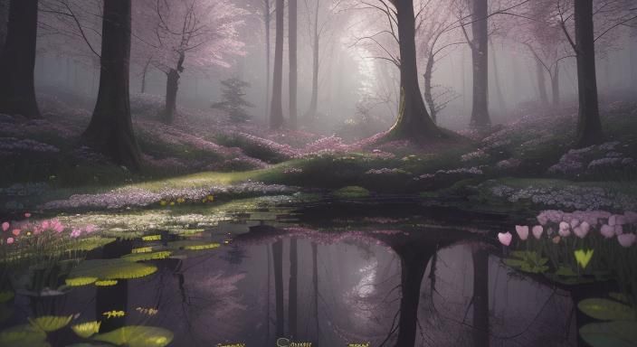 Dawnlight Reflections in Spring Forest: Digital Painting