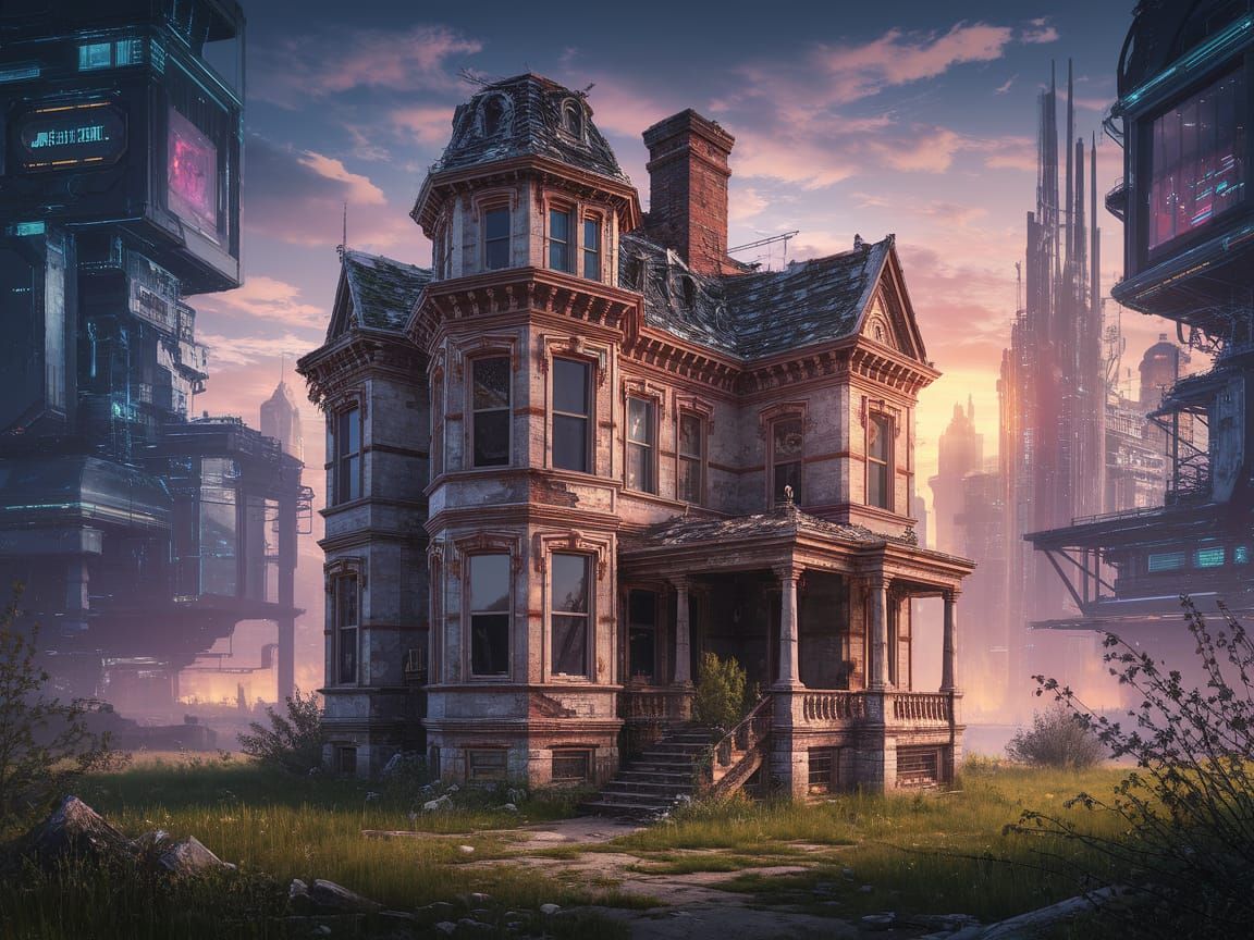 Cyberpunk Victorian Ruins: Abandoned House in Futuristic Cit...