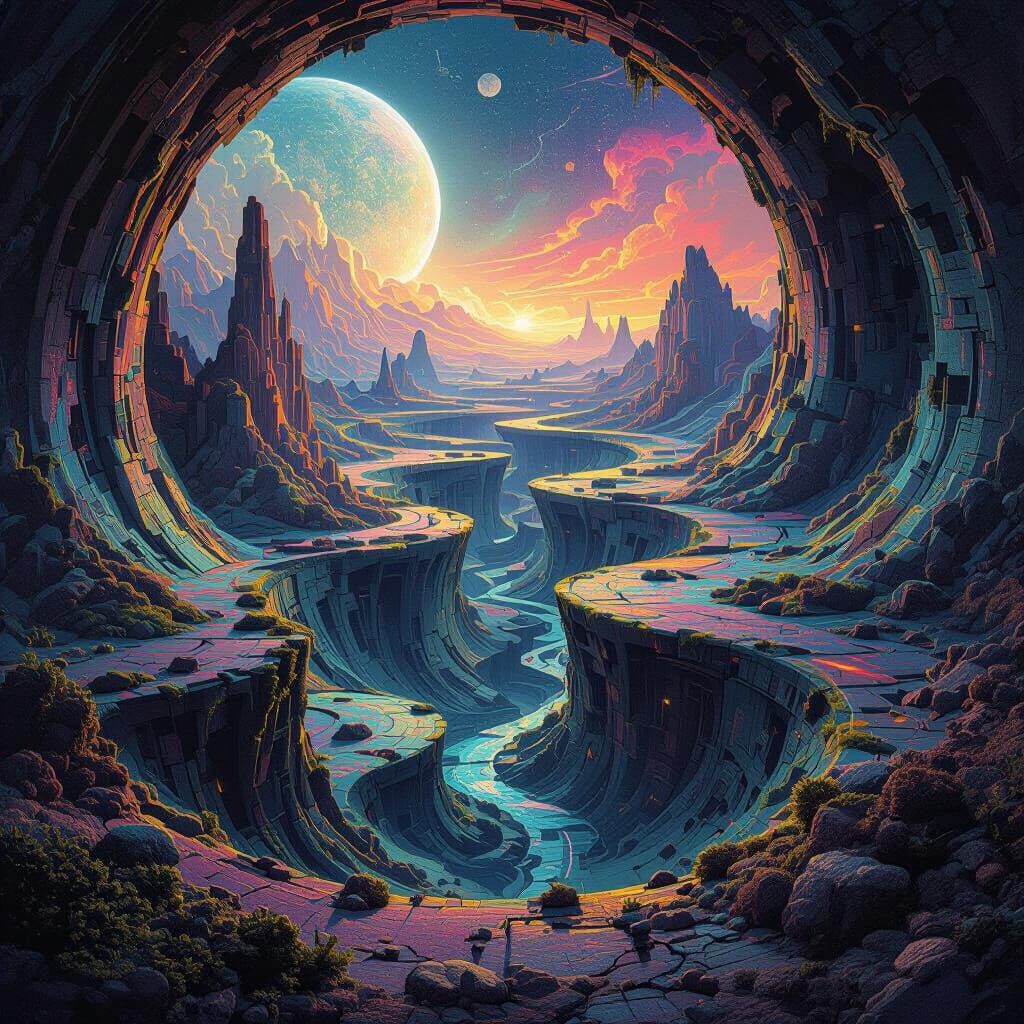 Mystical Landscape: Impossible Geometry in Cyberpunk Style
