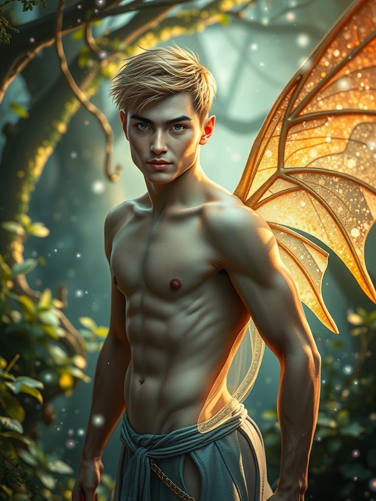 Athletic Fairy with Dragon Wings in Enchanted Forest