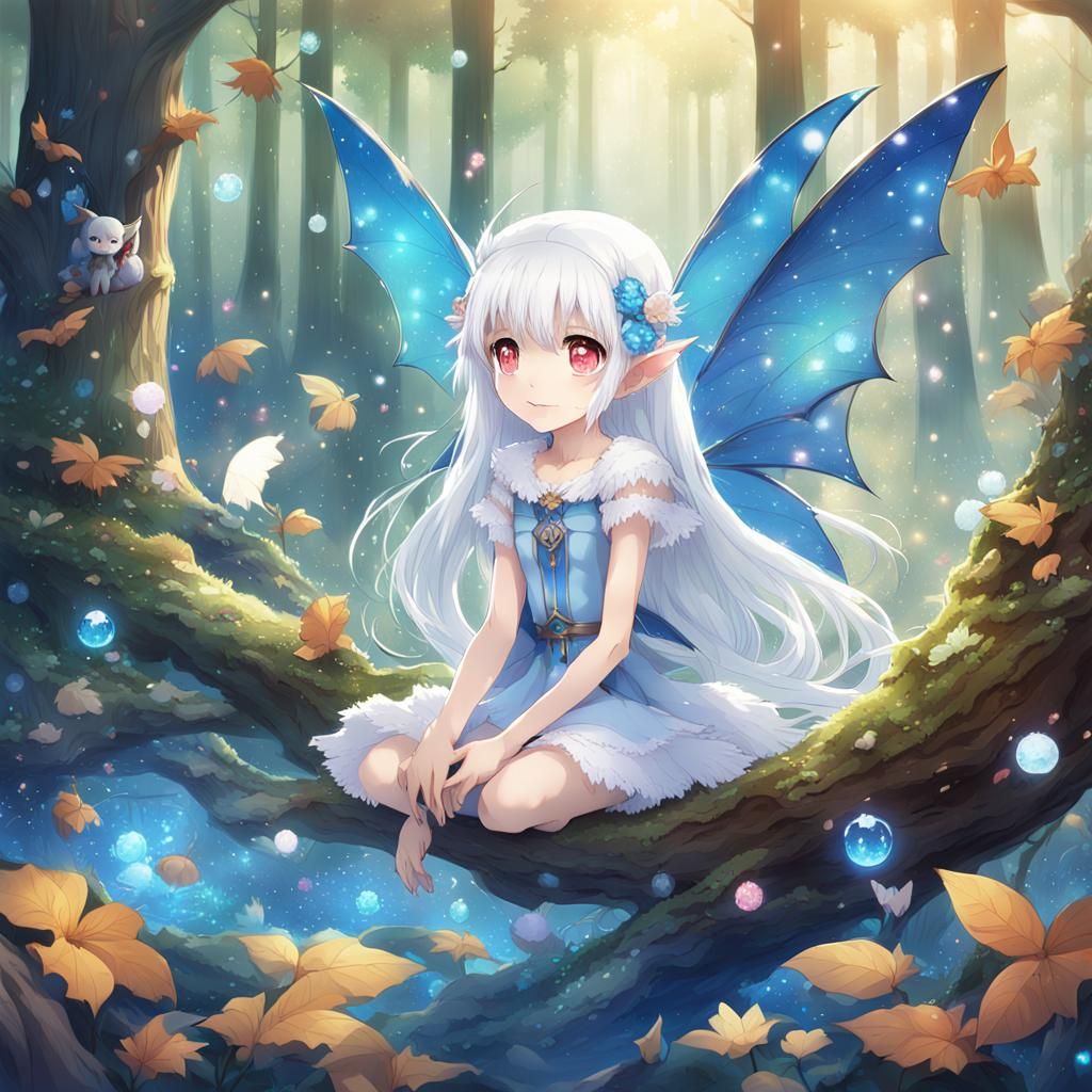 Water Fairy with Albino Bat in Anime Style