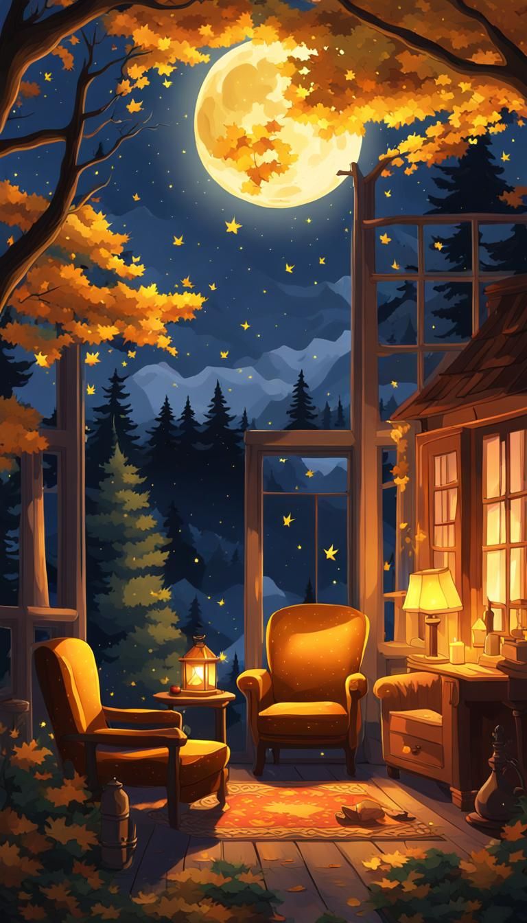 Cozy Fireplace Scene with Yellow Trees, Anime Style
