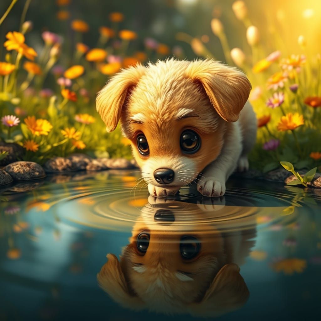 Whimsical Puppy in Serene Pond Landscape