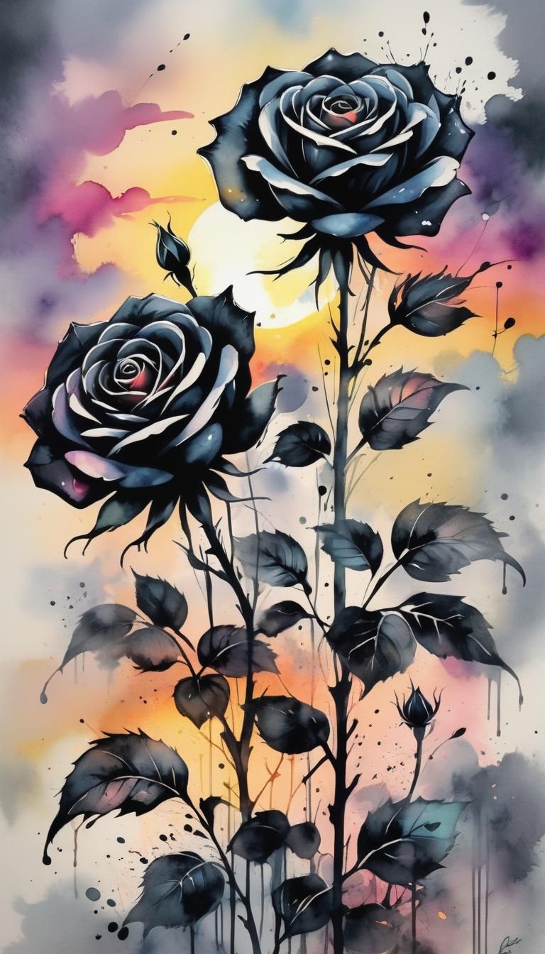 Black Roses at Sunset in Watercolor Graffiti Style