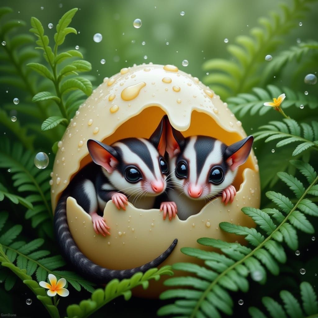 Sugar Glider and Baby Seek Shelter under an Enchanted Eggshe...