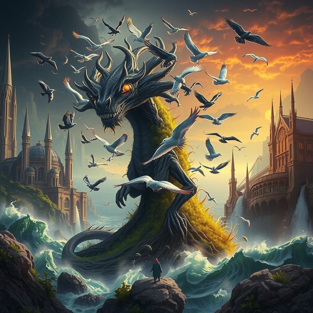 Majestic Tree-Dragon Hybrid in Fantastical Cityscape