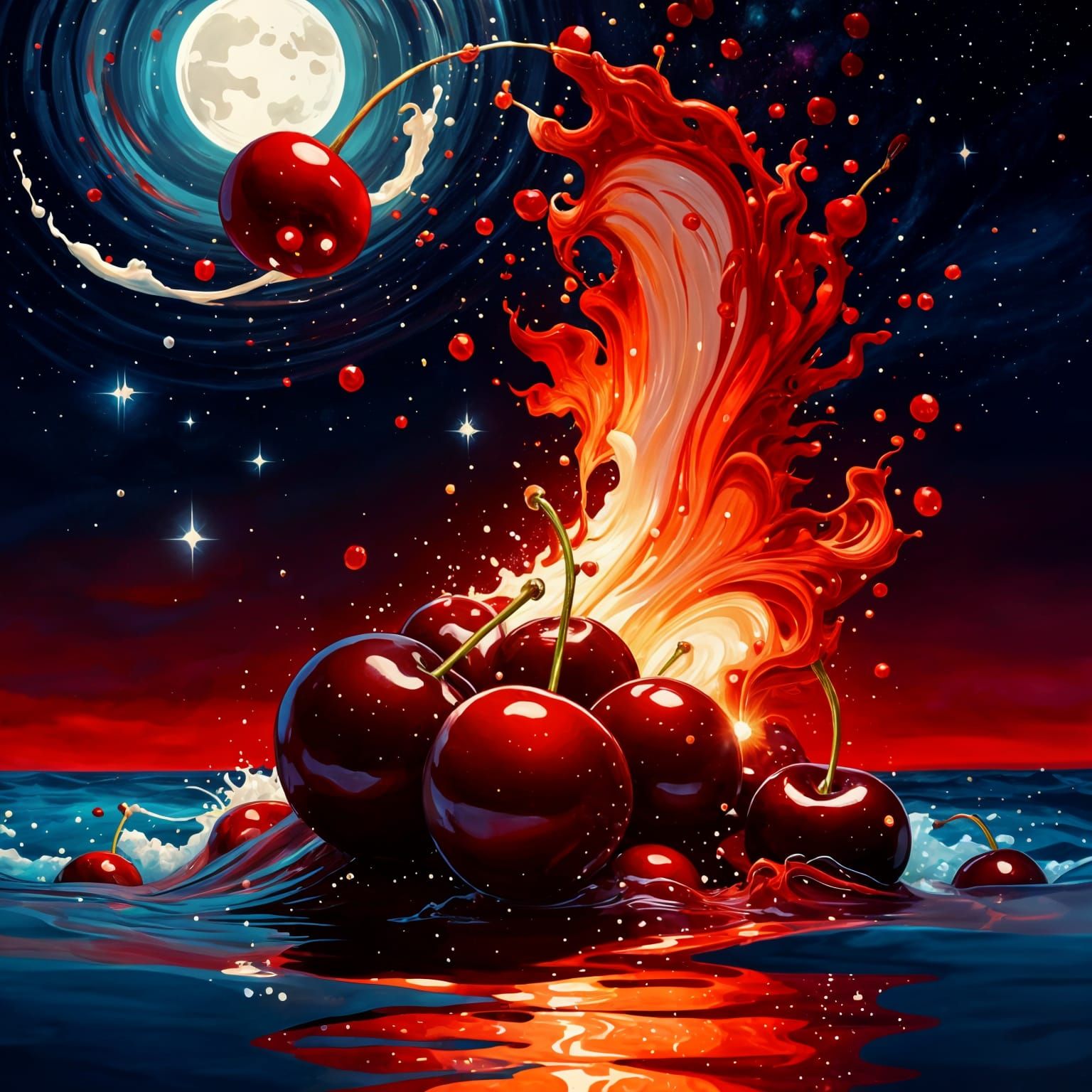 Hyperrealistic Cherries Exploding in a Swirl of Color