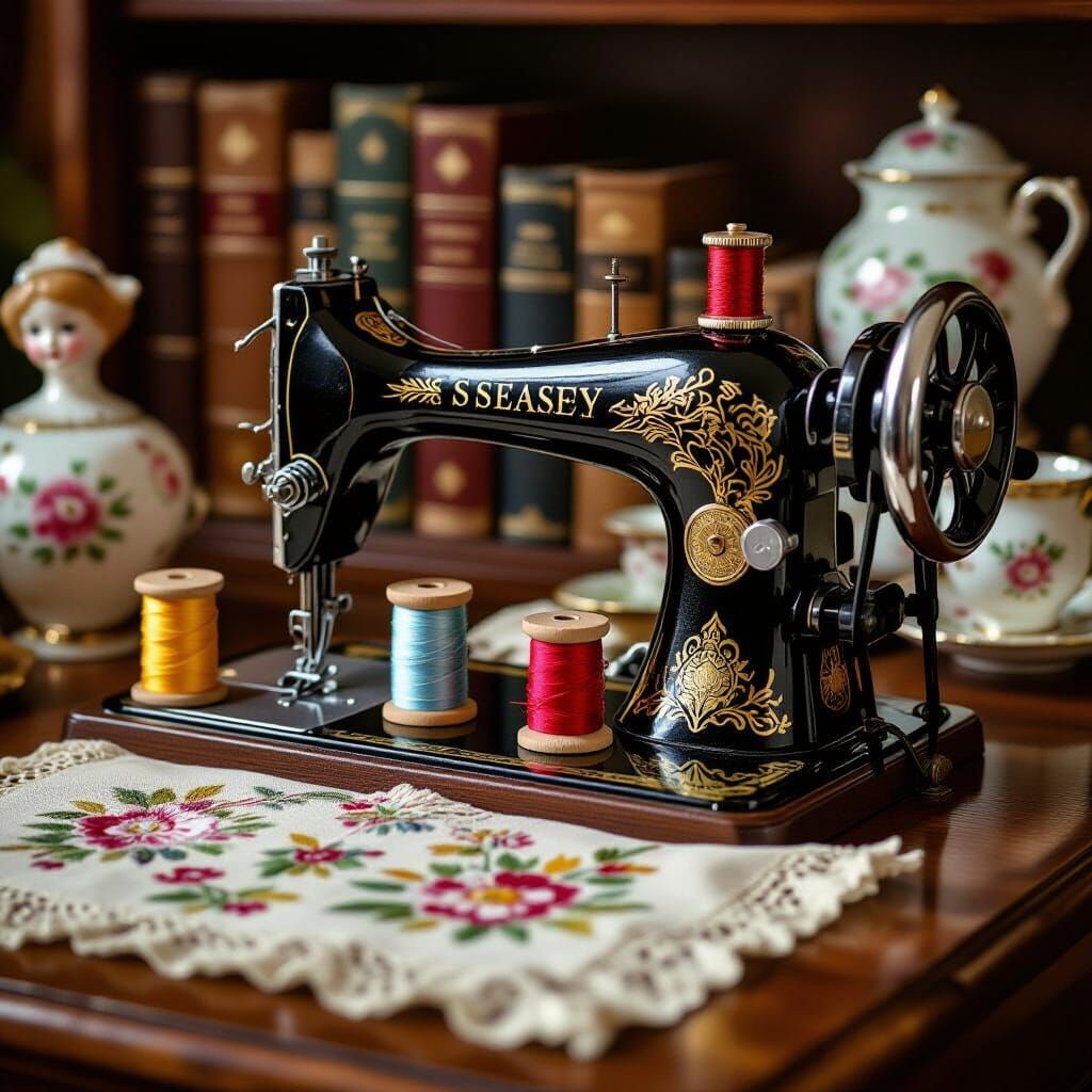 Vintage Sewing Machine With Colorful Threads and Embroidery