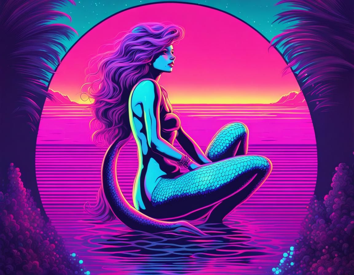 Synthwave Mermaid of Jupiter in Neon Retro Style