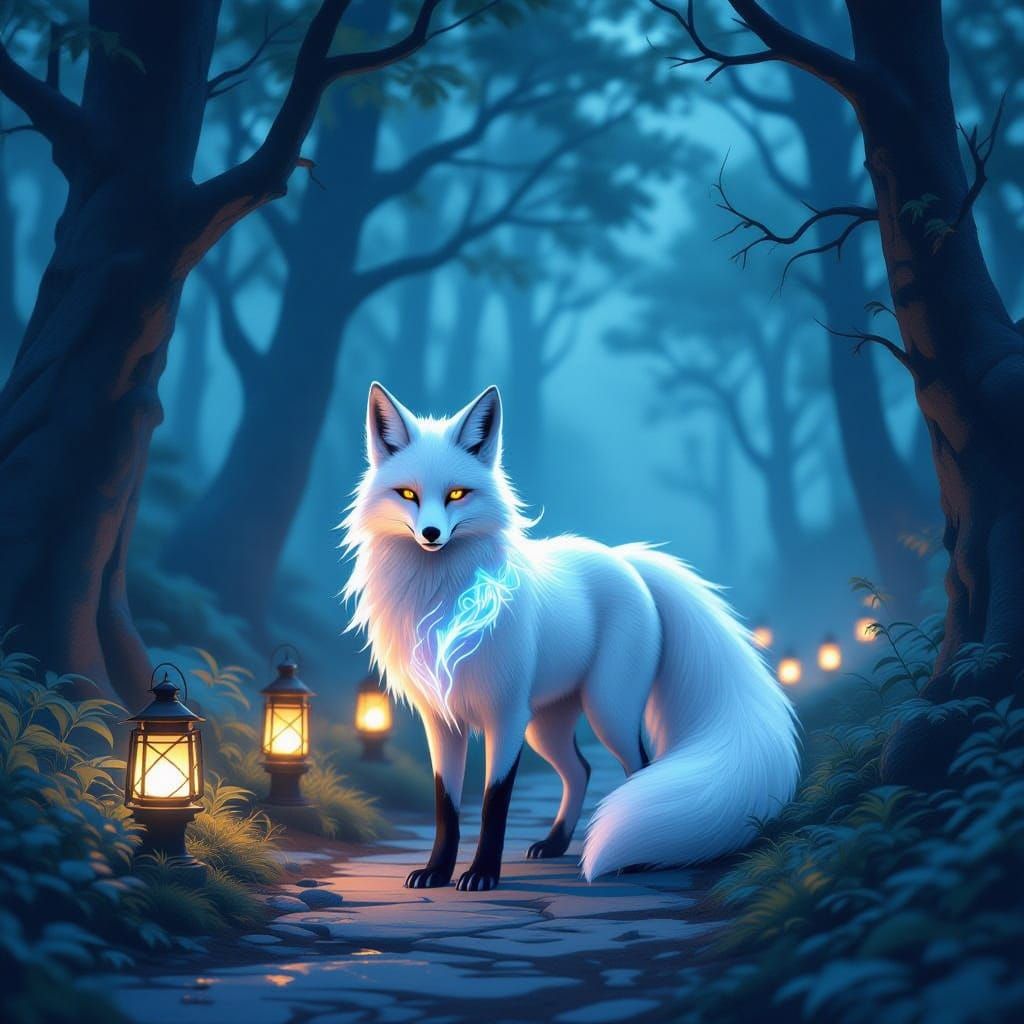 White Nine-Tailed Fox in Lantern-Lit Forest