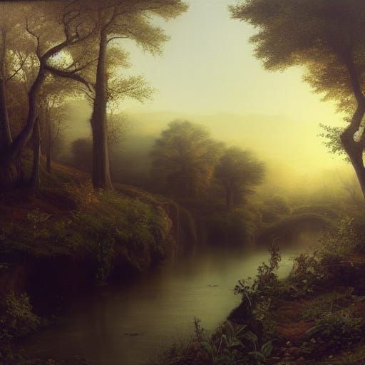 Italianate Landscape Painting with Stream and Bridge