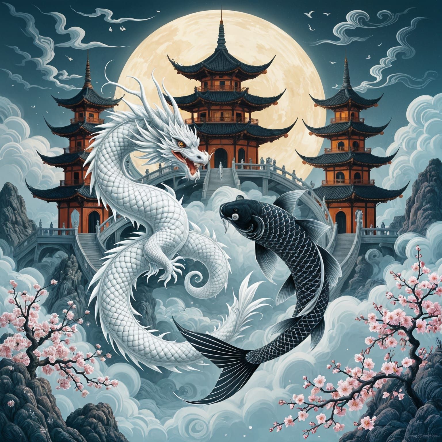 Surreal Yin-Yang Mythical Figures in Vertigo Art Style