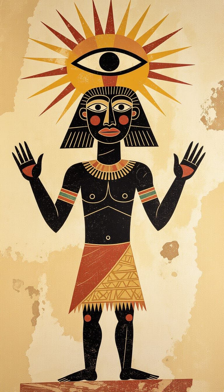 Prehistoric Cave Art: Elongated Humanoid Under a Radiant Sun