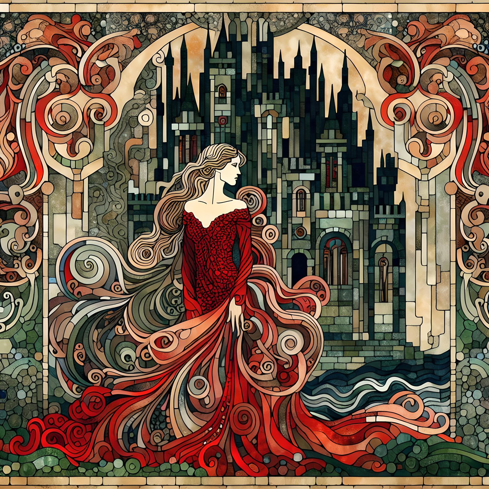 Woman in Red Dress in Dark Castle, Symbolist Watercolor