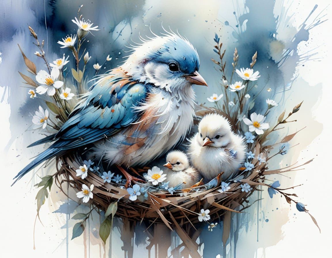 Bird's Gentle Care in Whimsical Wildlife Illustration