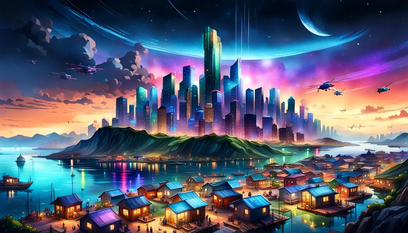 Colorful Shantytown Contrasts Illuminated Cityscape in Digit...