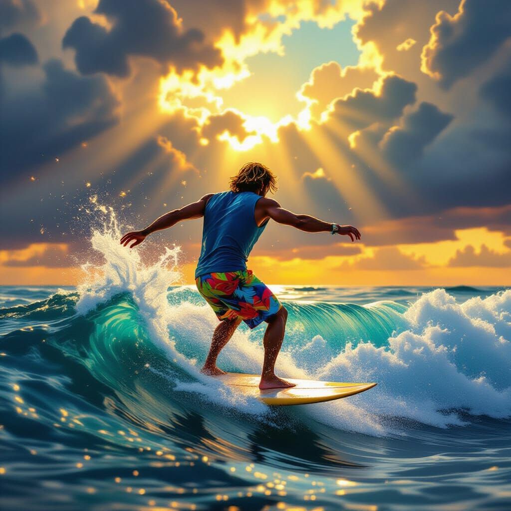 Surfer Rides Whirlpool in Hyperrealistic Glitch Art