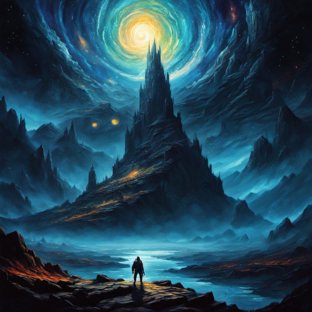 Radiant Warrior Overlooking Cosmic Galaxy, Oil Painting