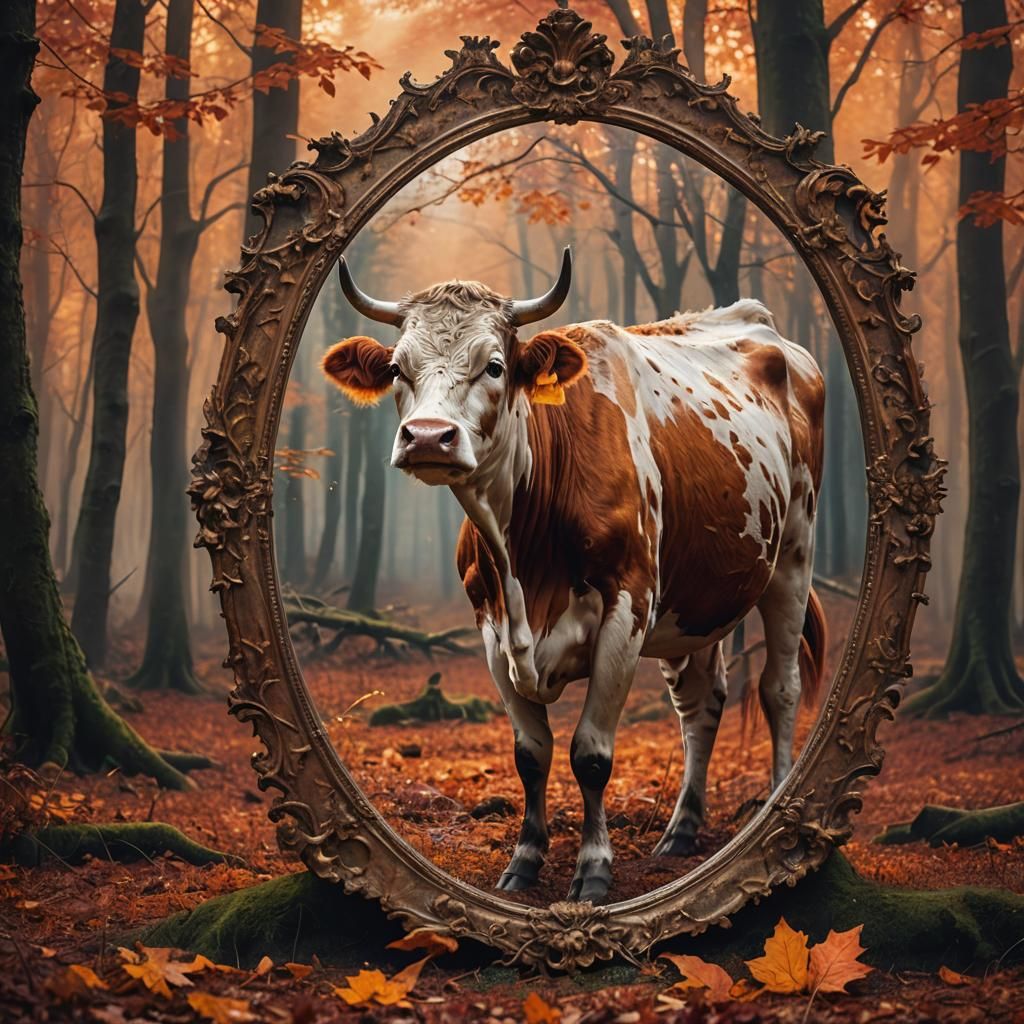 Cow in Autumn Forest Reflected in Ornate Mirror