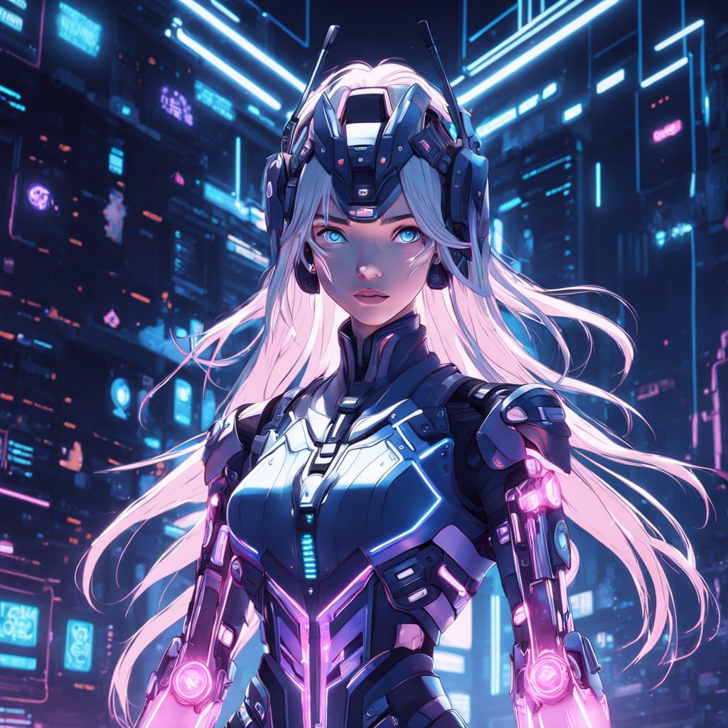 Glowing Holographic AI Y.O.K.O. Over Mecha Control Panel