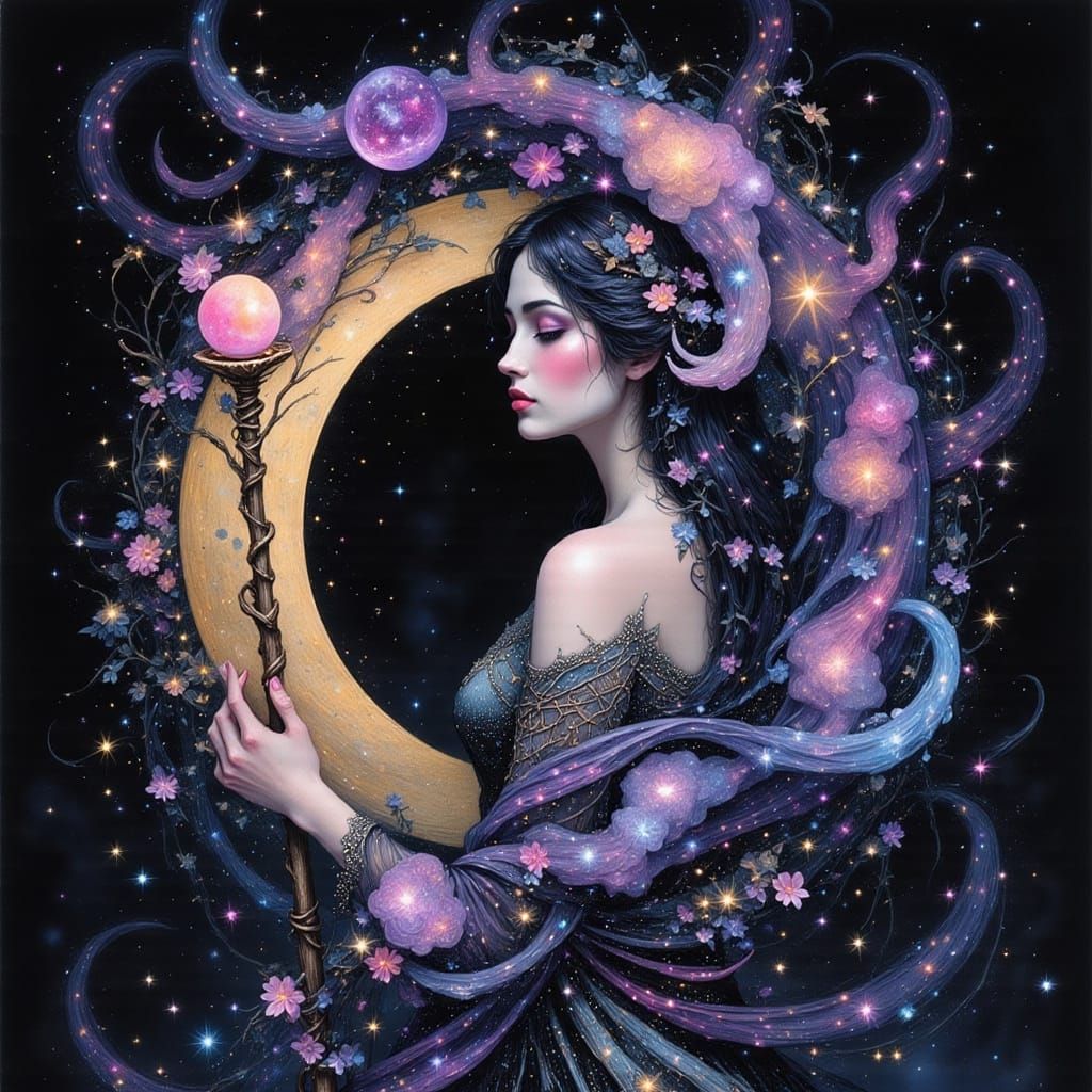 Cosmic Goddess of the Night in Vibrant Charcoal Watercolour