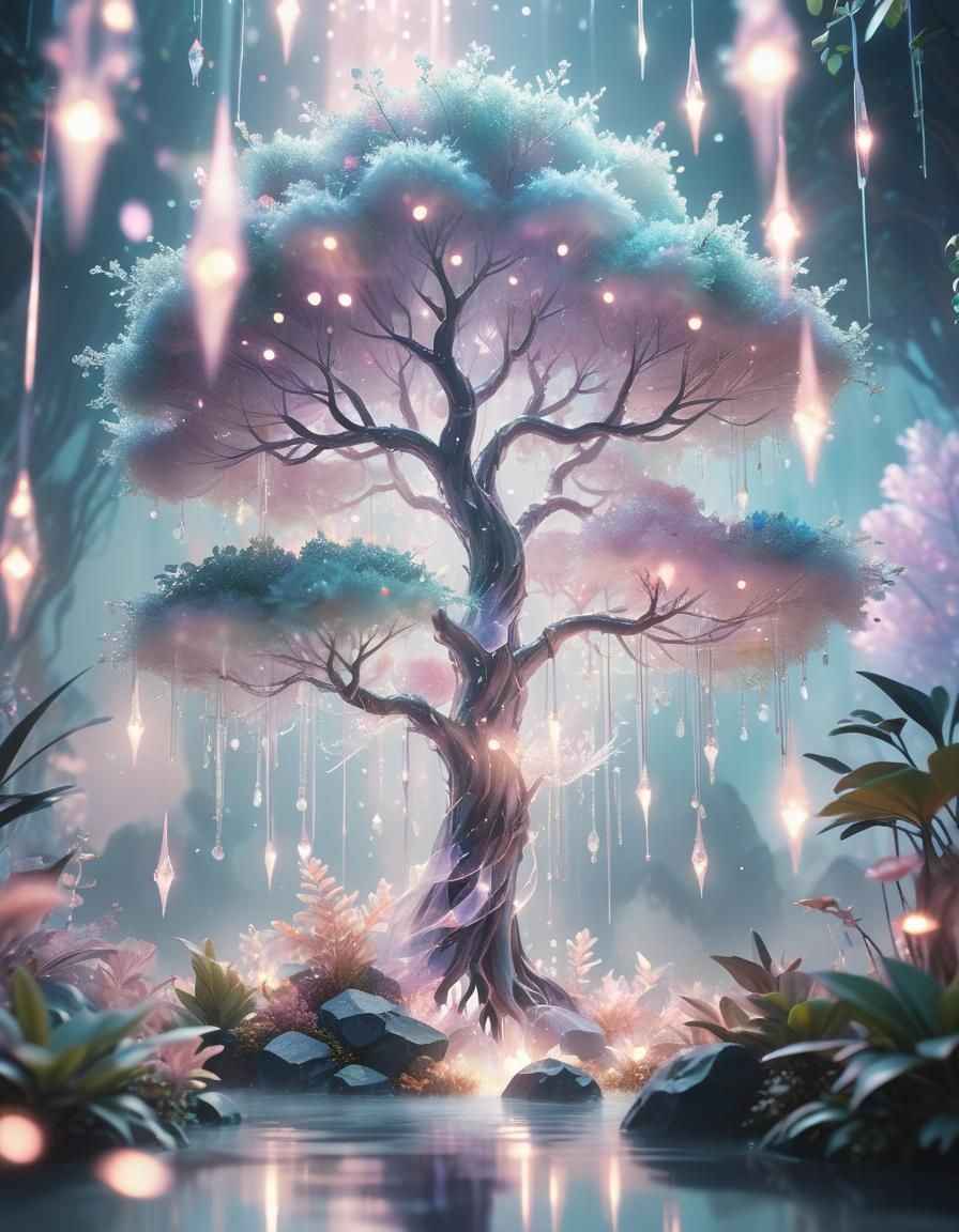 Shimmering Crystal Tree in Surreal Anime Art